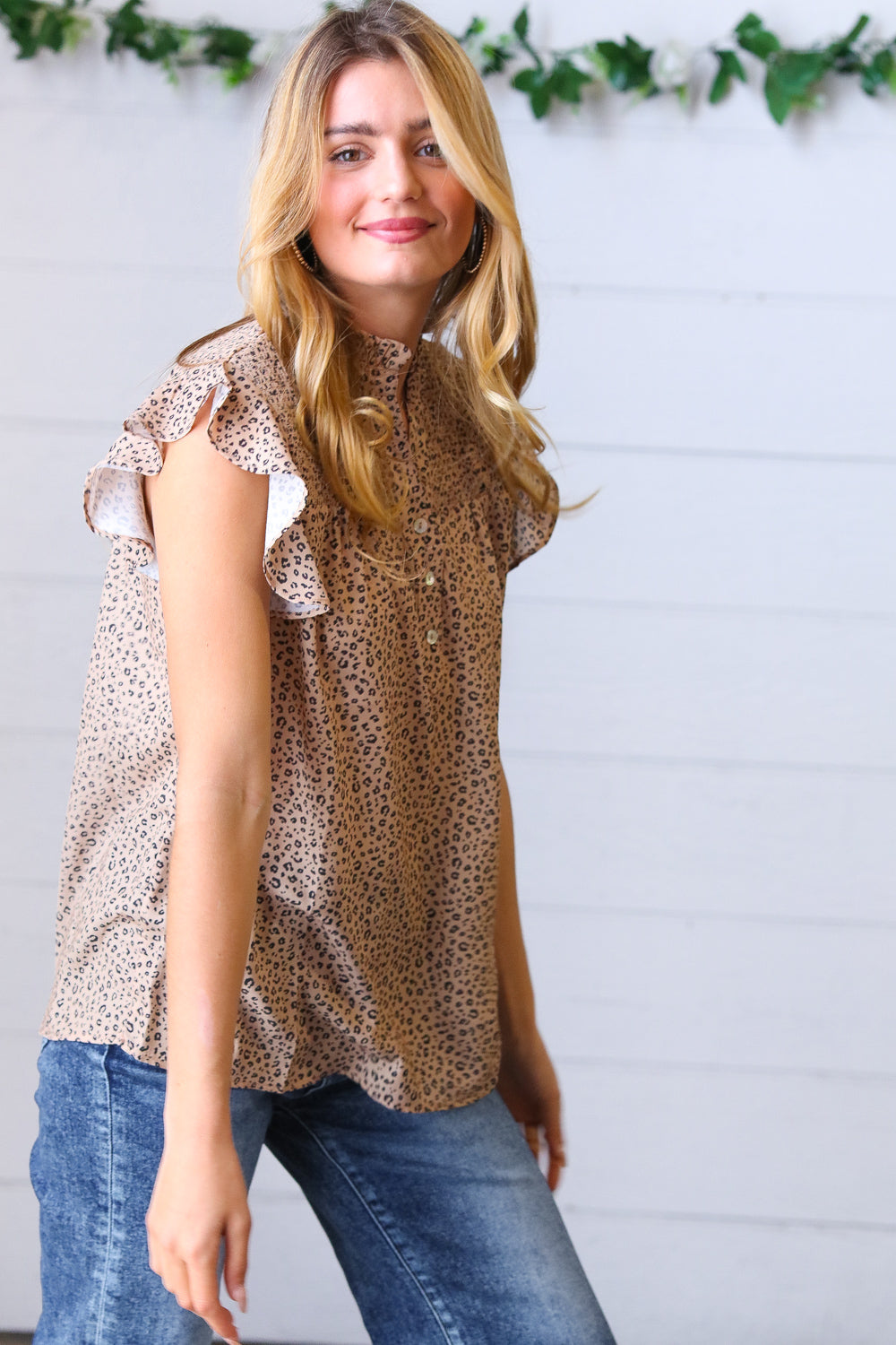 Taupe Animal Print Smocked Button Down Top