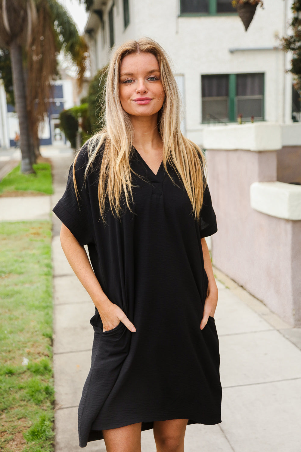 Casual Chic Black Woven Notched V Neck Dolman Sleeve Frock