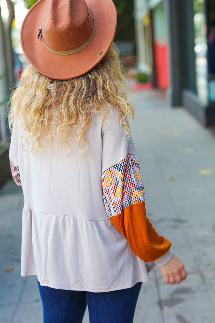 Easy Days Ahead Taupe/Rust Turtleneck Babydoll Terry Top