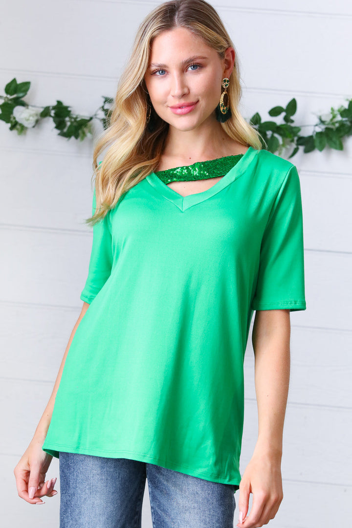 Saint Patty Green Asymmetrical Sequin Banded V Neck Top