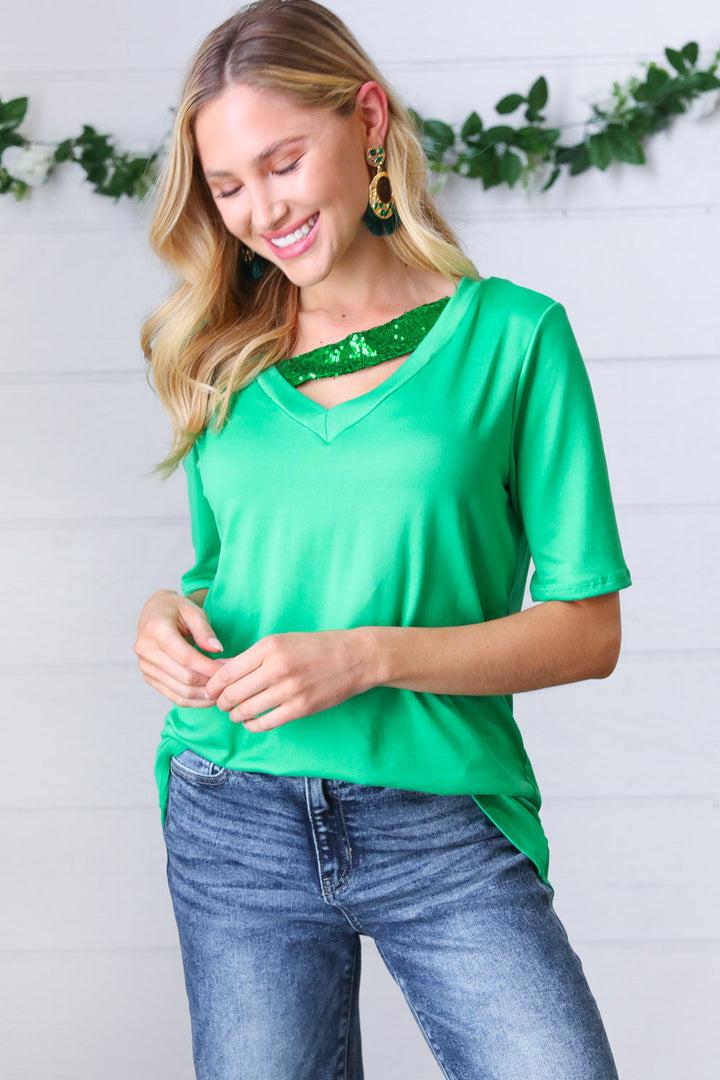 Saint Patty Green Asymmetrical Sequin Banded V Neck Top