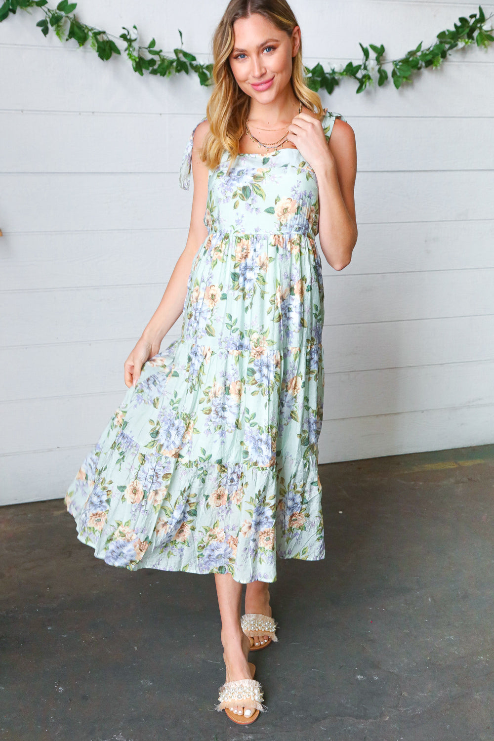 Light Blue Floral Tie Shoulder Tiered Maxi Dress