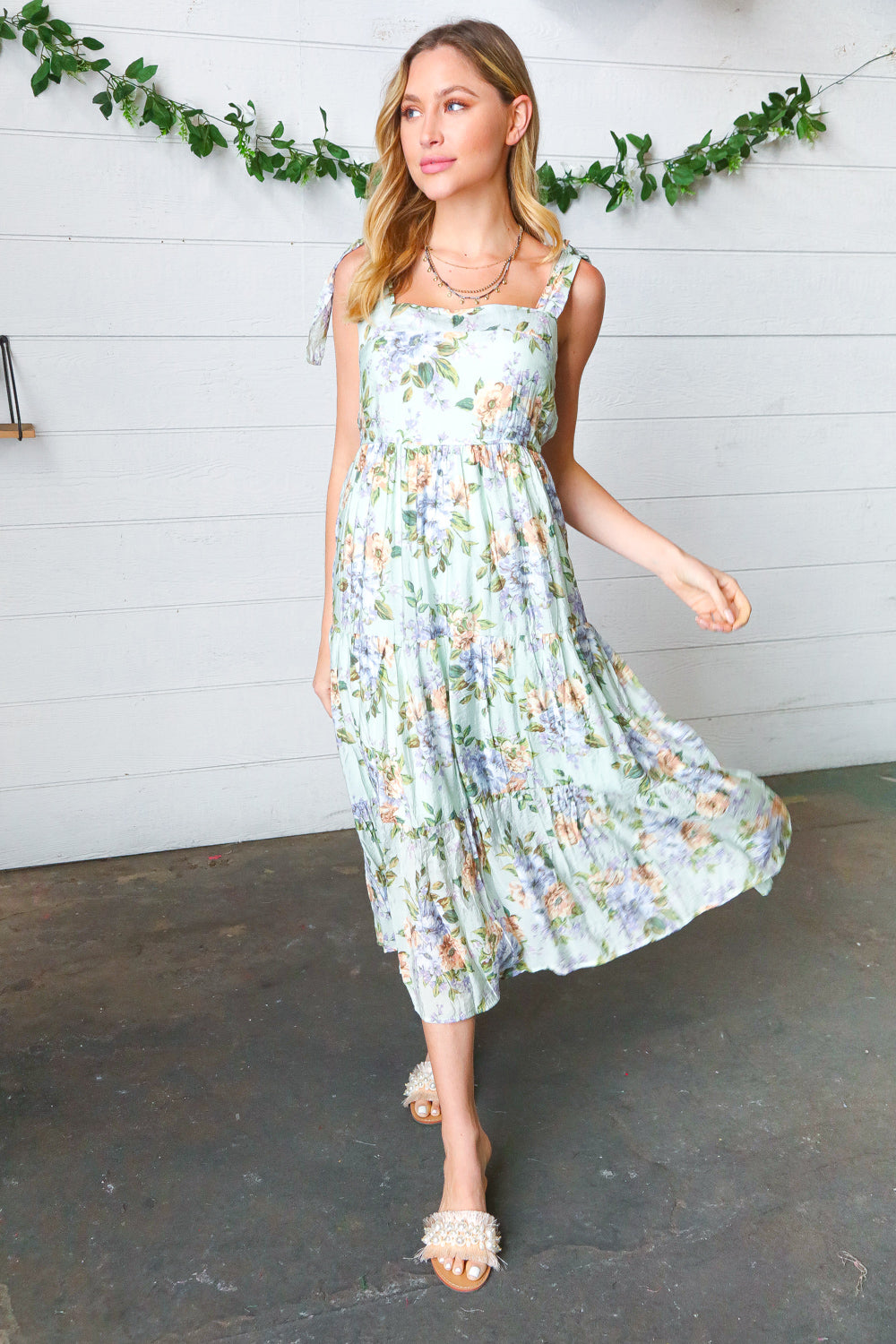 Light Blue Floral Tie Shoulder Tiered Maxi Dress