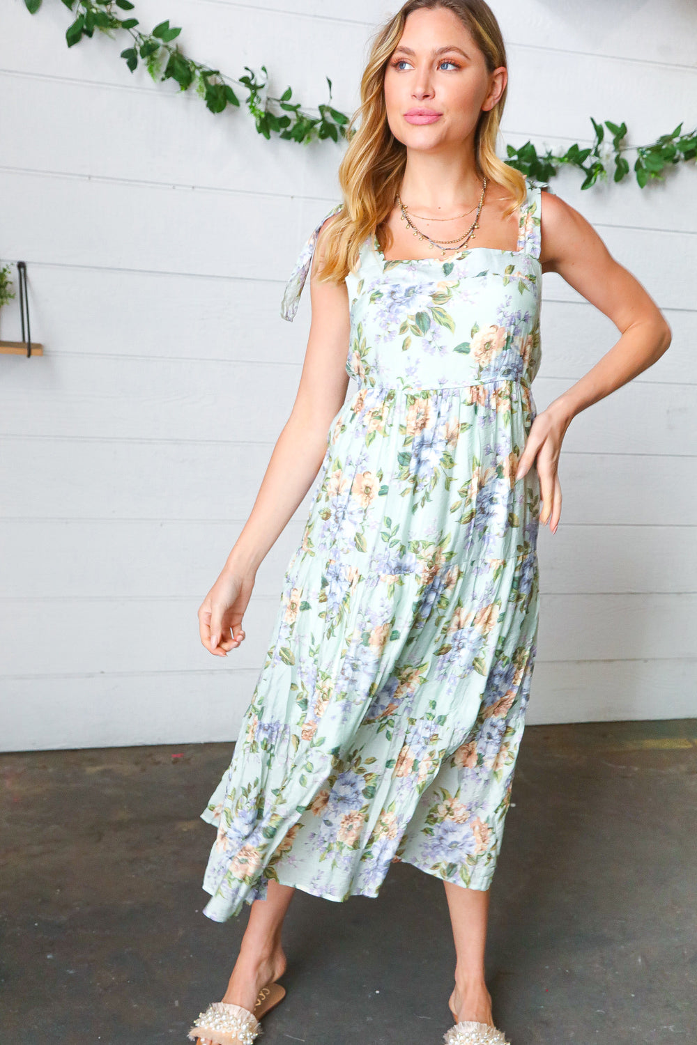 Light Blue Floral Tie Shoulder Tiered Maxi Dress