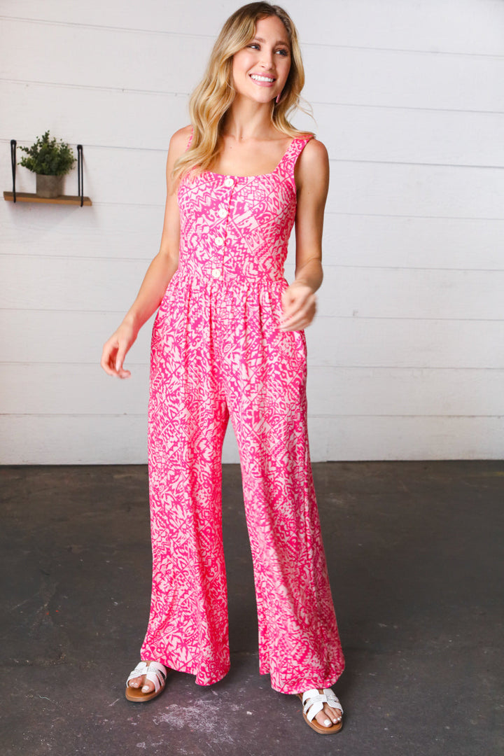 Fuchsia Boho Batik Print Button Sleeveless Jumpsuit