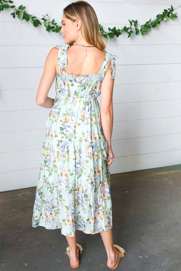 Light Blue Floral Tie Shoulder Tiered Maxi Dress