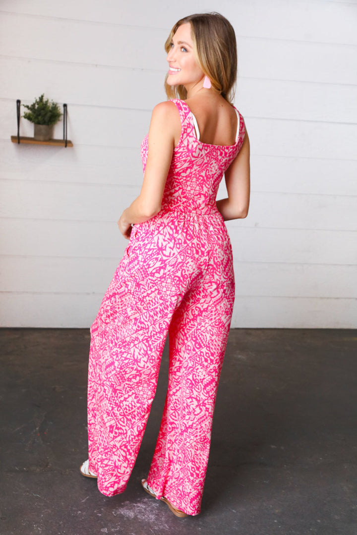 Fuchsia Boho Batik Print Button Sleeveless Jumpsuit