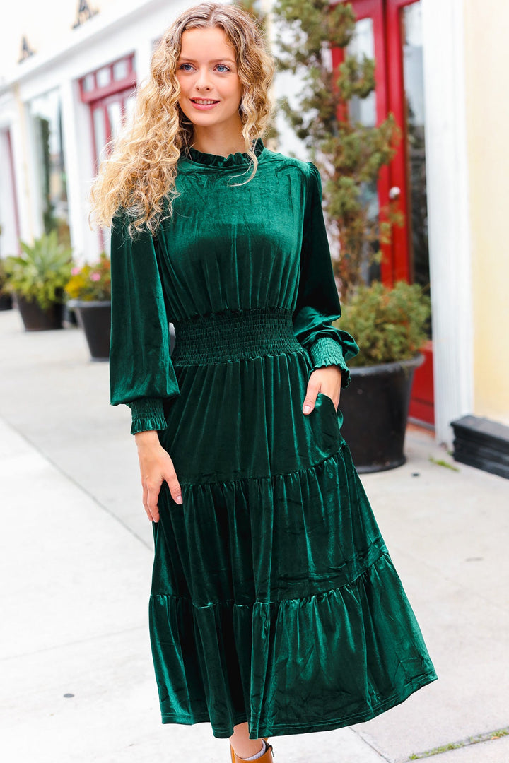 Holiday Dreaming Hunter Green Velvet Mock Neck Smocked Waist Dress