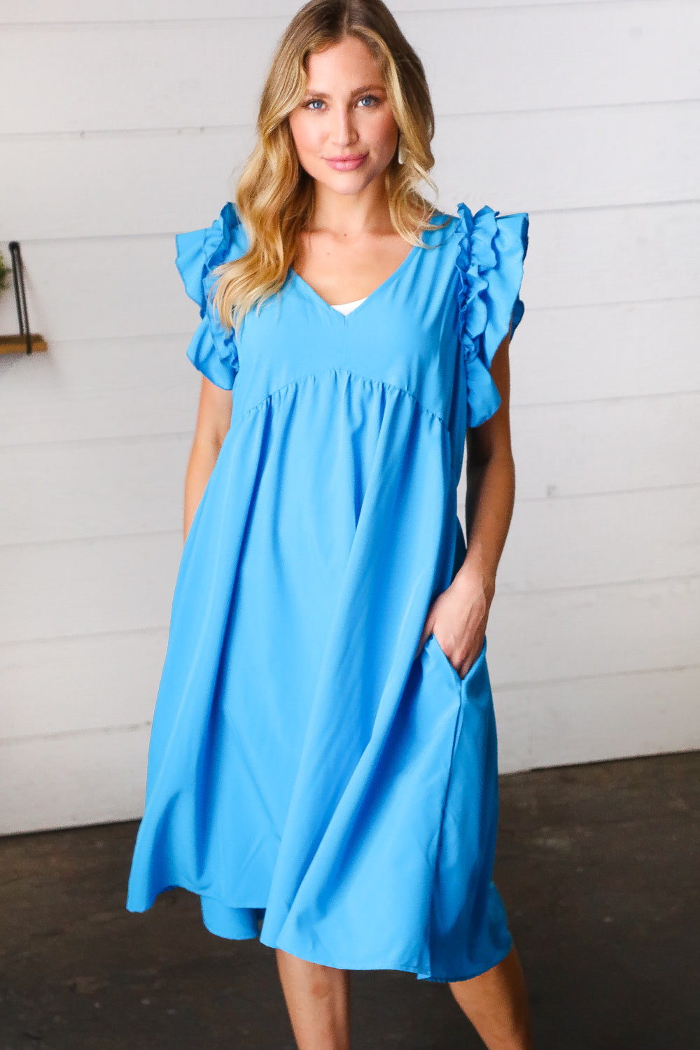 Sky Blue Babydoll Ruffle V Neck Crepe Dress