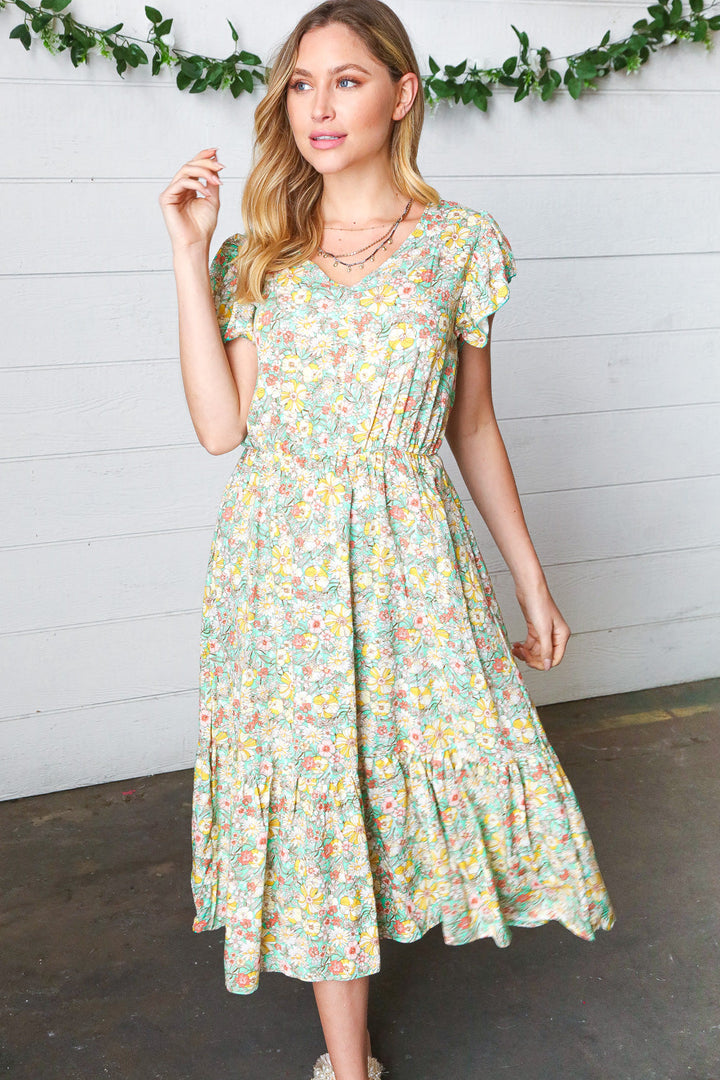 Mint Floral Boho Elastic Waist Ruffle Midi Dress