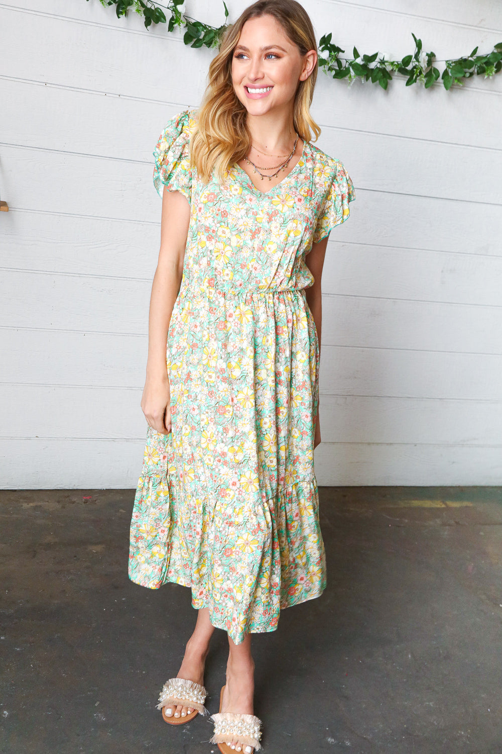 Mint Floral Boho Elastic Waist Ruffle Midi Dress