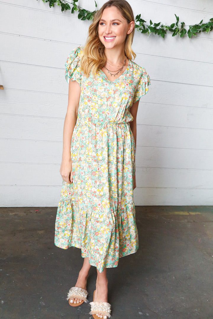 Mint Floral Boho Elastic Waist Ruffle Midi Dress