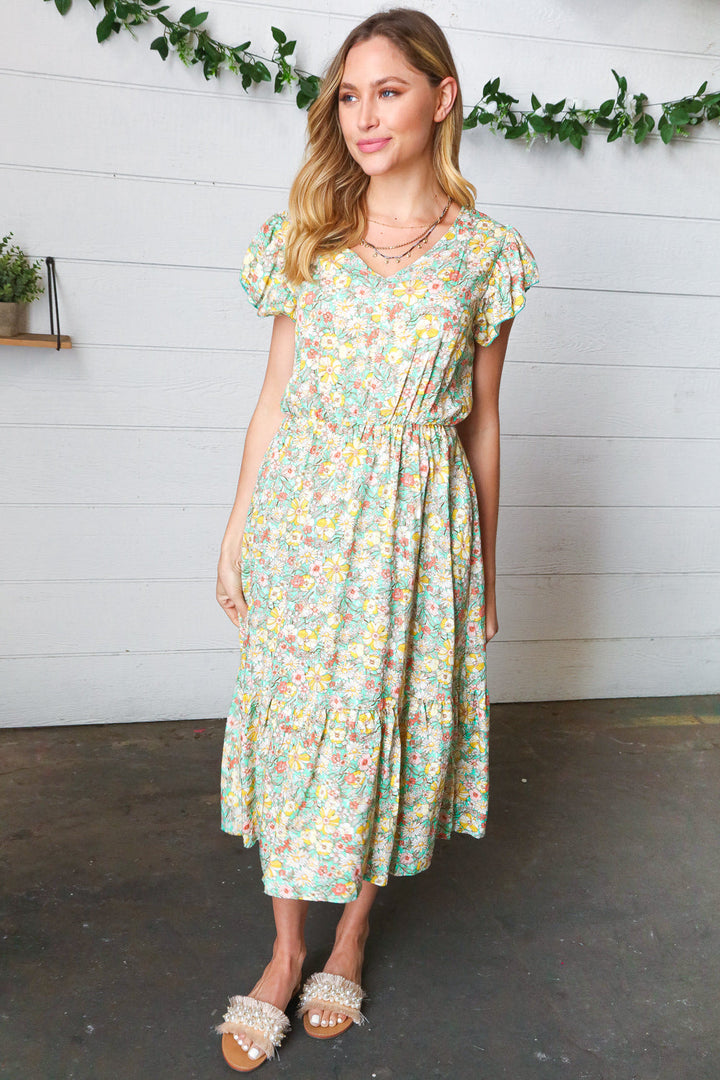 Mint Floral Boho Elastic Waist Ruffle Midi Dress