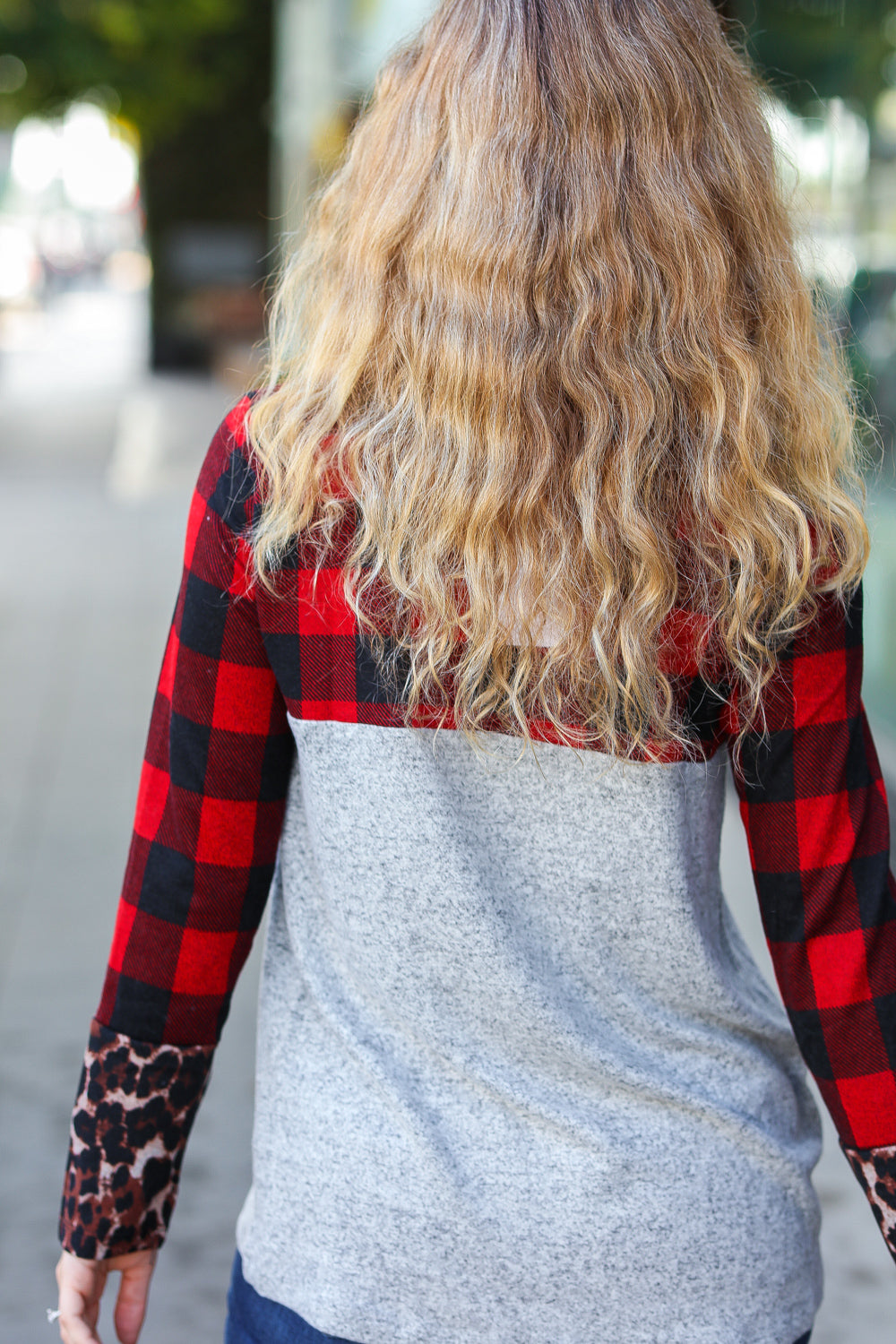 All Of Me Grey & Red Plaid Animal Print Pocketed Top