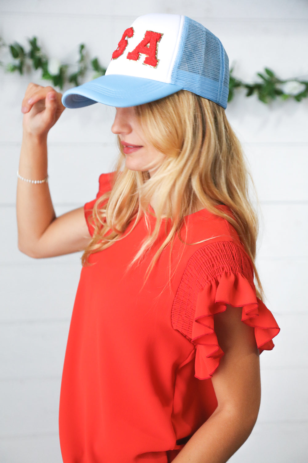 Sky Blue USA Snap Back Mesh Trucker Cap