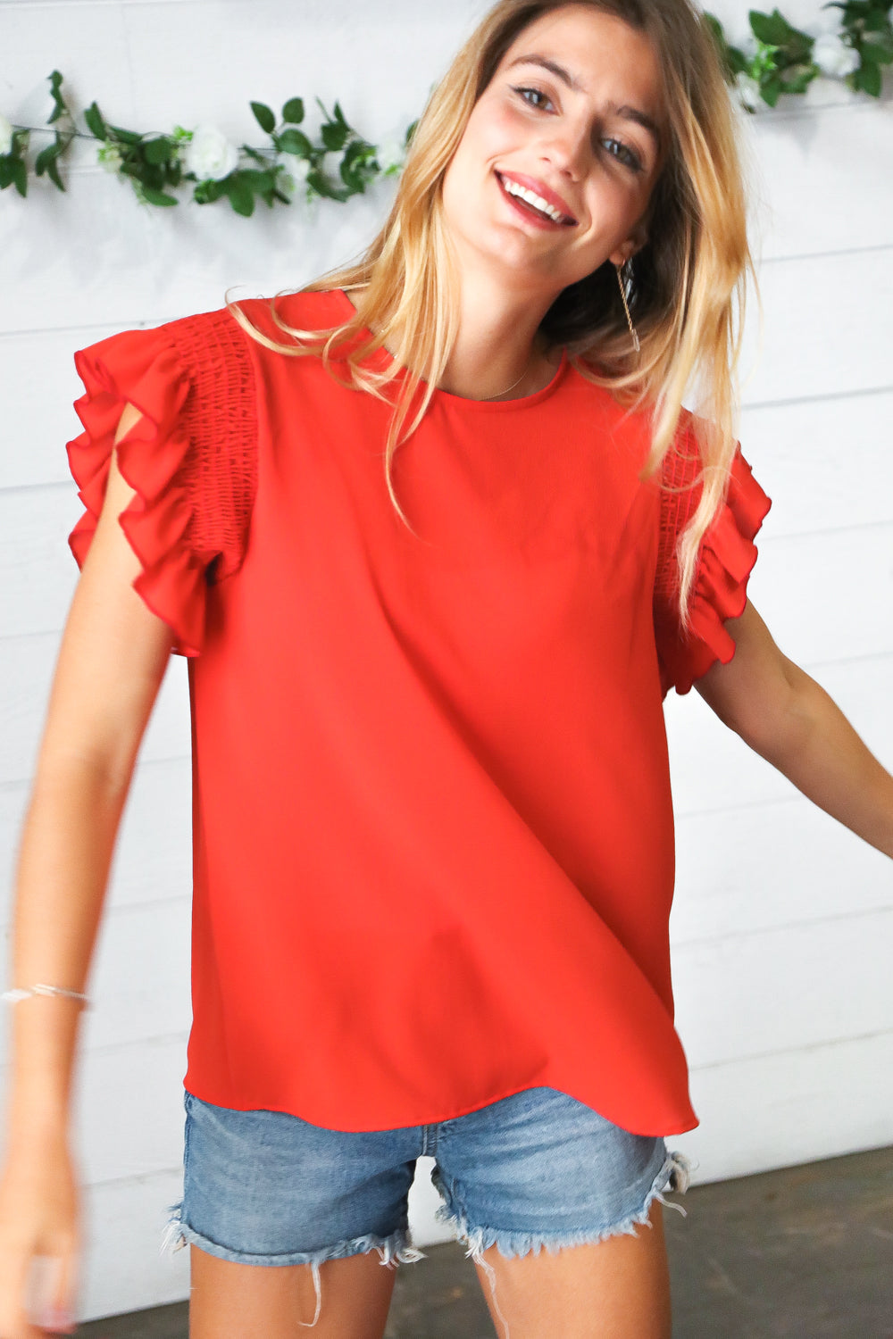 Red Smocked Ruffle Frill Sleeve Top