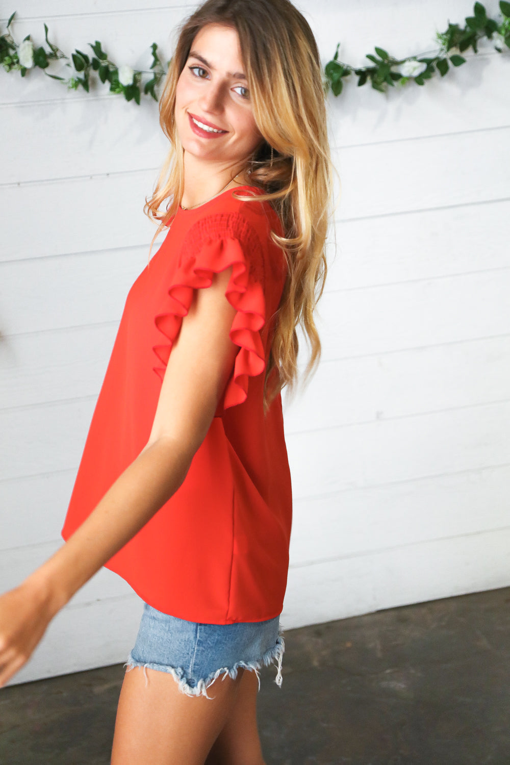 Red Smocked Ruffle Frill Sleeve Top