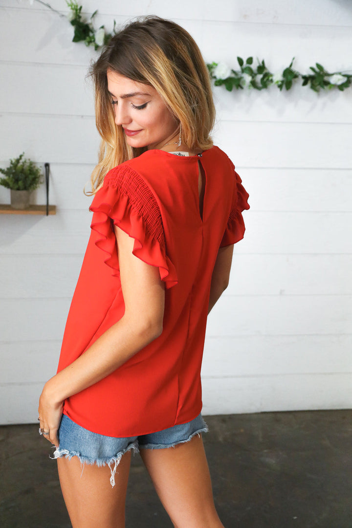 Red Smocked Ruffle Frill Sleeve Top