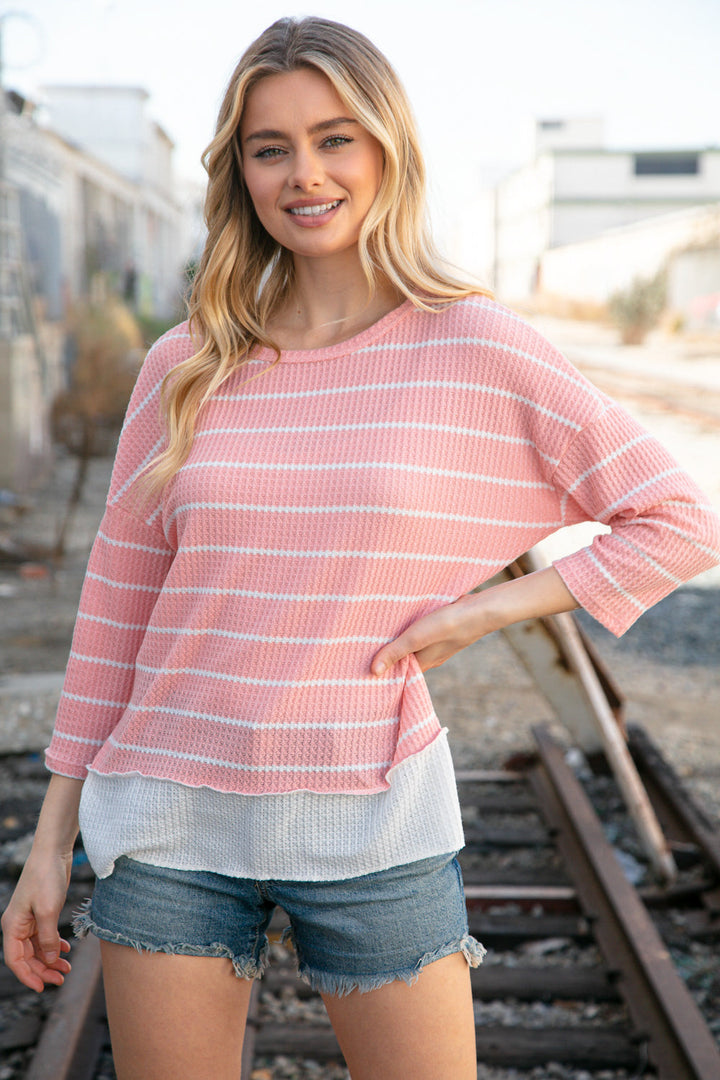 Blush Stripe Waffle Textured Back Keyhole Top