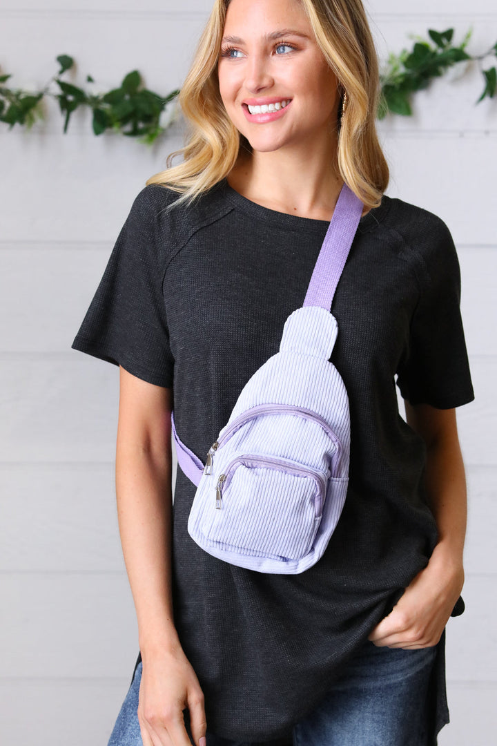 Lavender Corduroy Sling Crossbody Bag