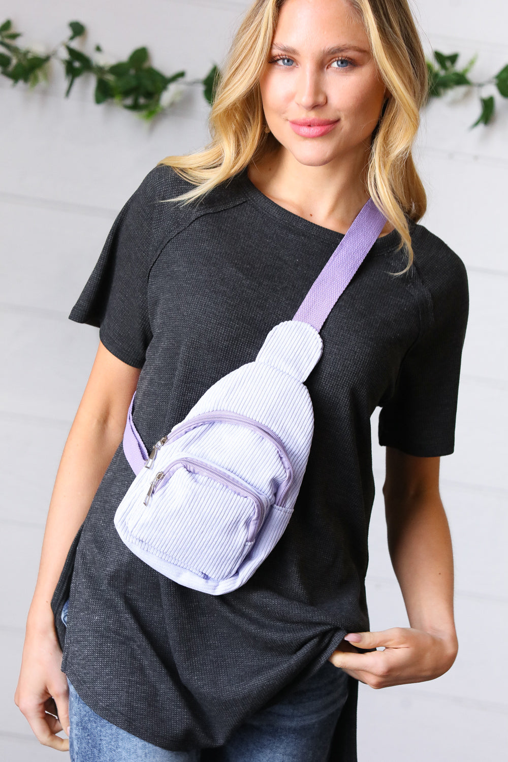 Lavender Corduroy Sling Crossbody Bag