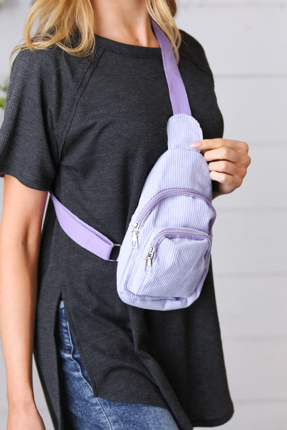 Lavender Corduroy Sling Crossbody Bag