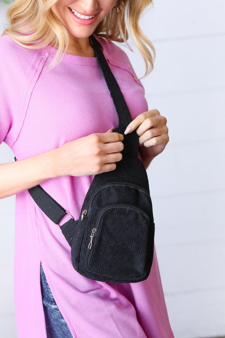 Black Corduroy Sling Crossbody Bag