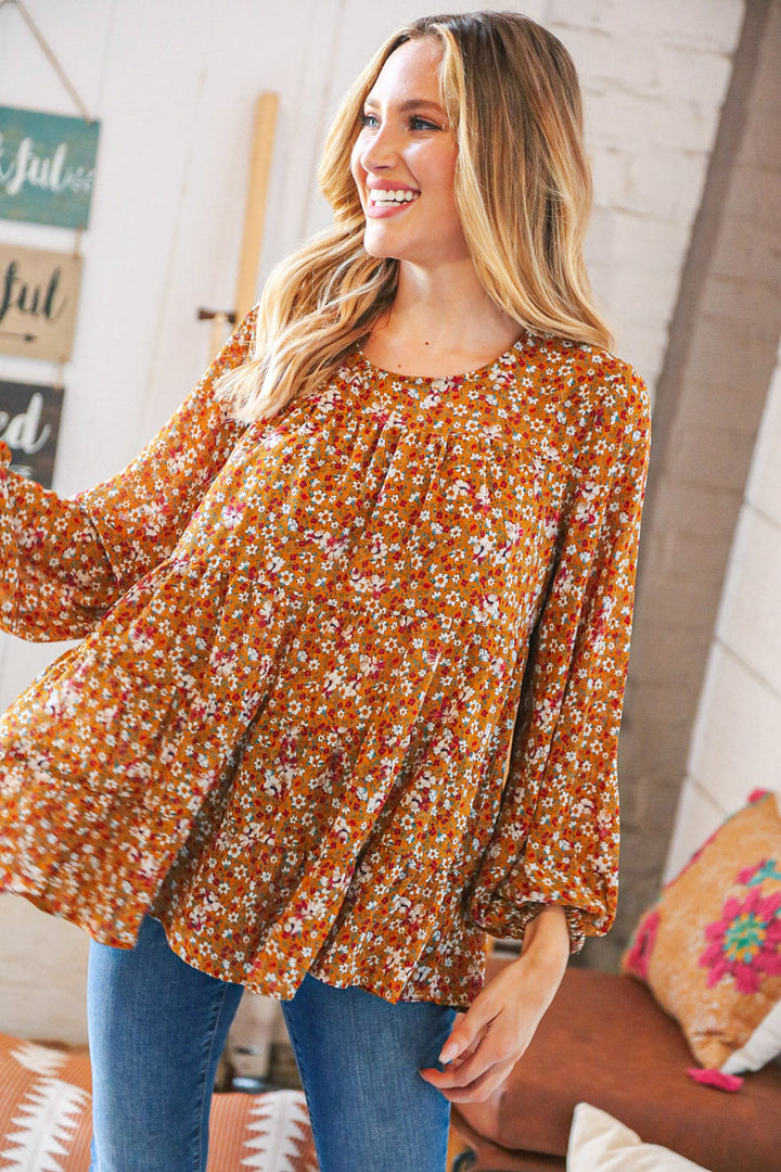 Cinnamon Floral Tiered Bubble Sleeve Keyhole Clasp Blouse