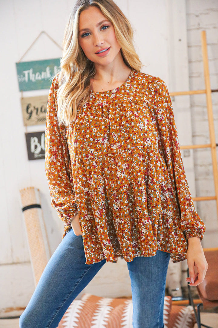 Cinnamon Floral Tiered Bubble Sleeve Keyhole Clasp Blouse