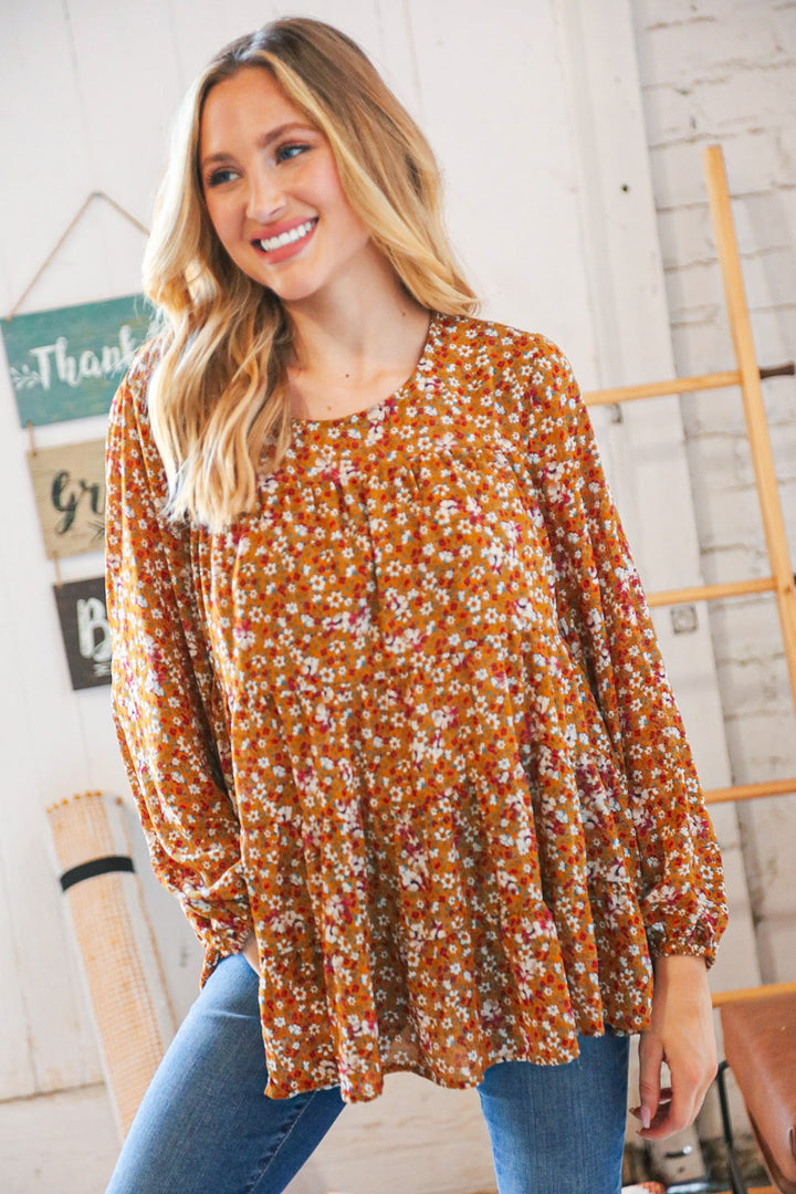 Cinnamon Floral Tiered Bubble Sleeve Keyhole Clasp Blouse