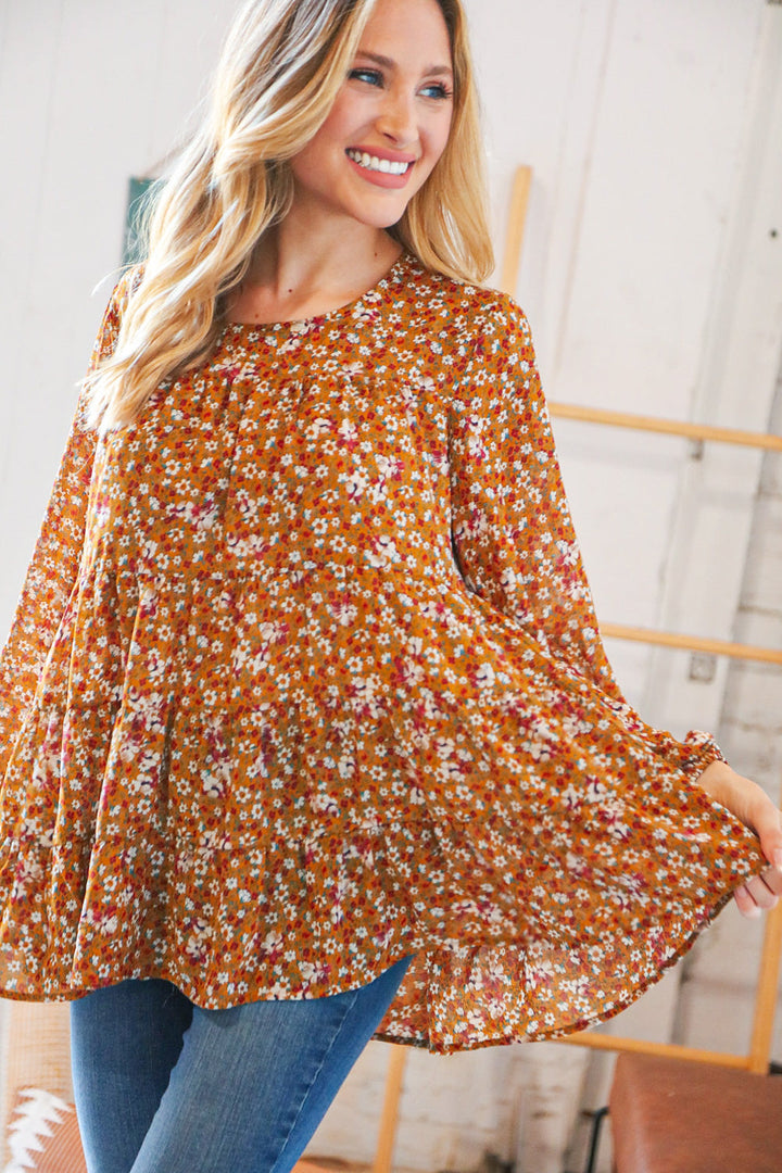 Cinnamon Floral Tiered Bubble Sleeve Keyhole Clasp Blouse