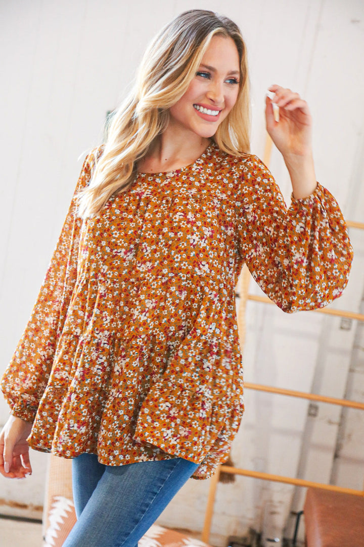 Cinnamon Floral Tiered Bubble Sleeve Keyhole Clasp Blouse