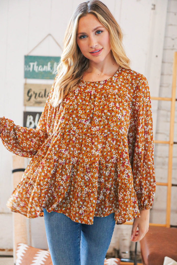 Cinnamon Floral Tiered Bubble Sleeve Keyhole Clasp Blouse