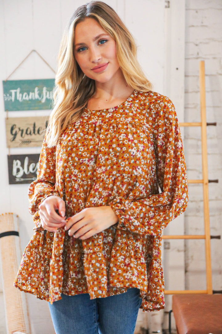 Cinnamon Floral Tiered Bubble Sleeve Keyhole Clasp Blouse