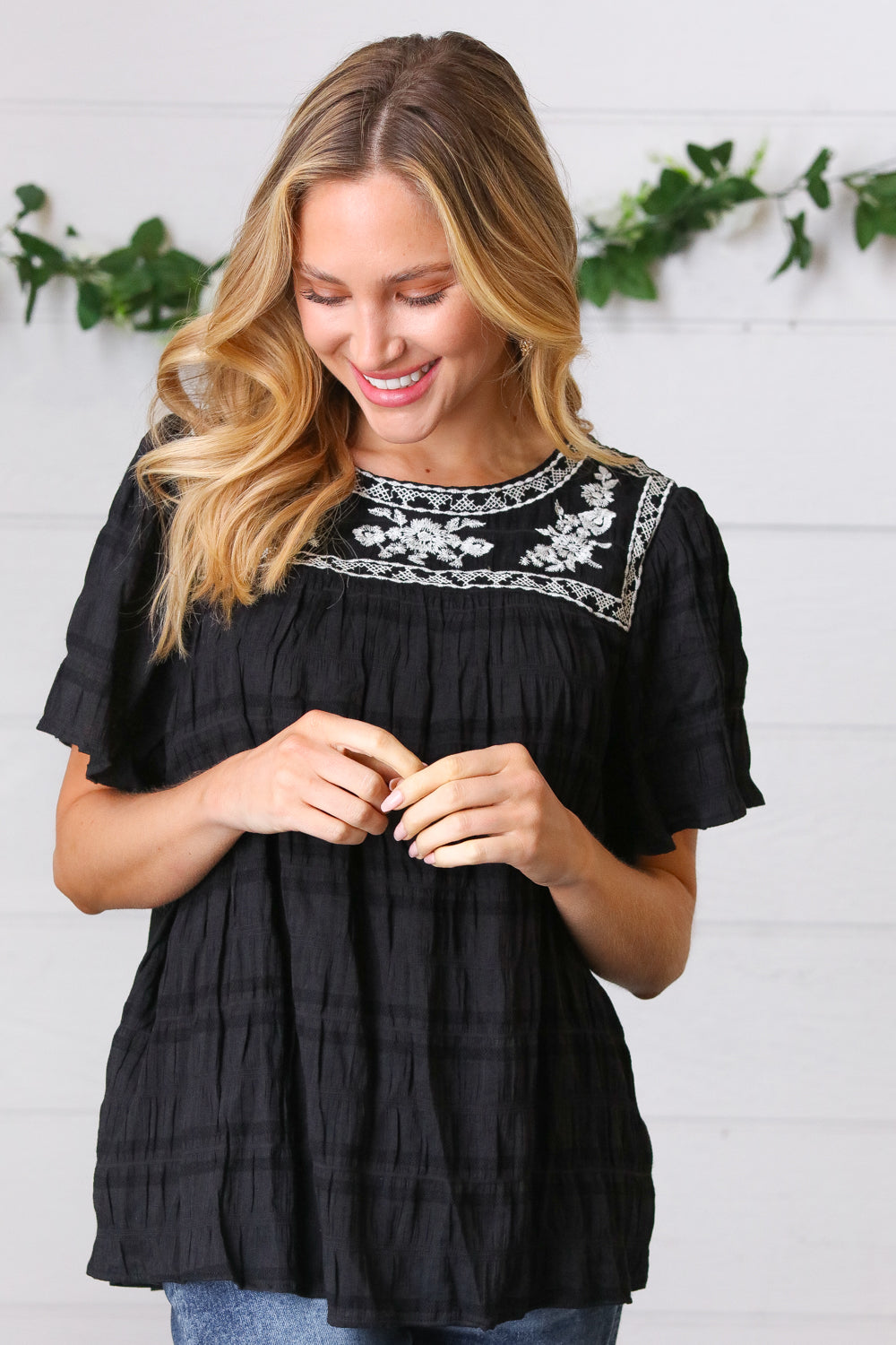 Black Embroidered Smocked Top