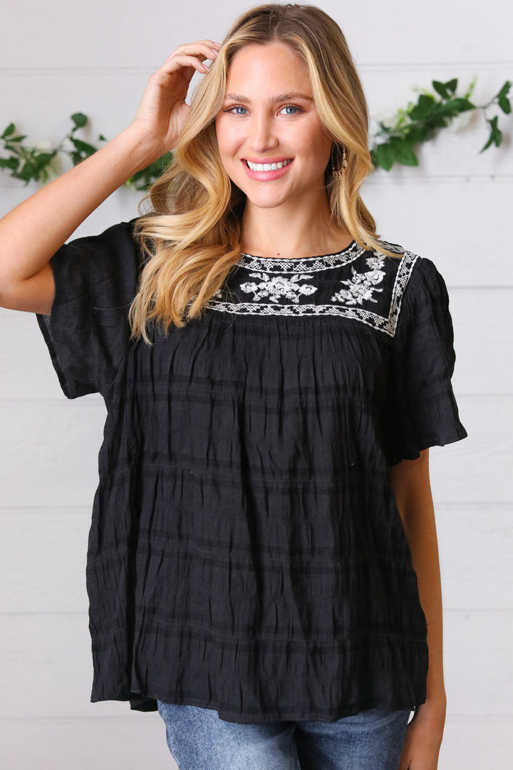 Black Embroidered Smocked Top