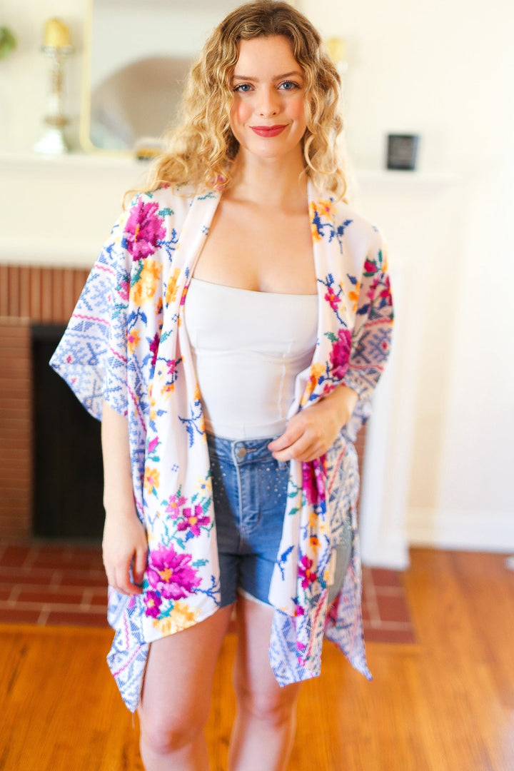 In Your Dreams Ivory Floral Border Print Open Kimono