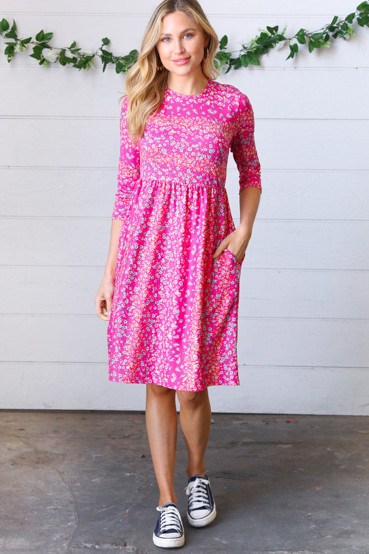 Fuchsia Fit & Flare Midi Pocketed Dress