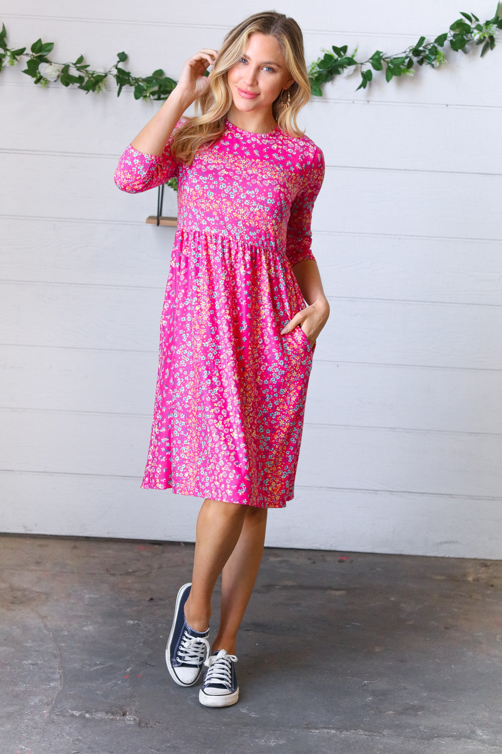 Fuchsia Fit & Flare Midi Pocketed Dress