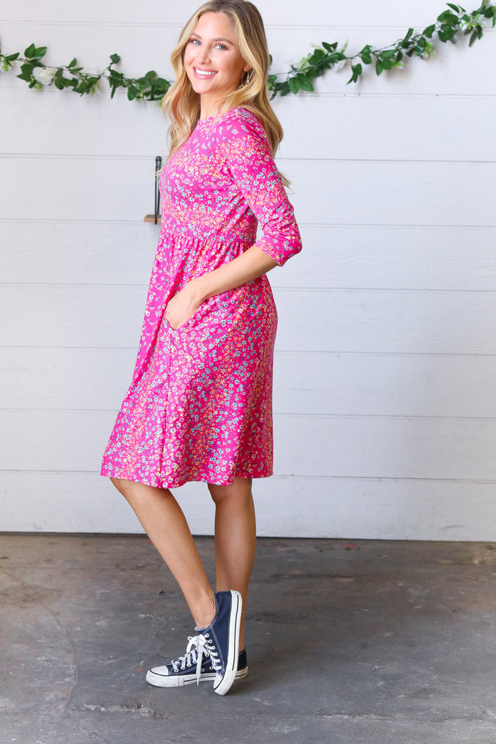 Fuchsia Fit & Flare Midi Pocketed Dress