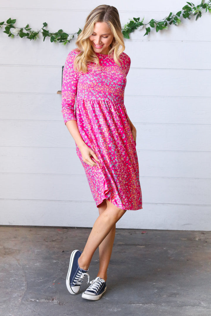 Fuchsia Fit & Flare Midi Pocketed Dress