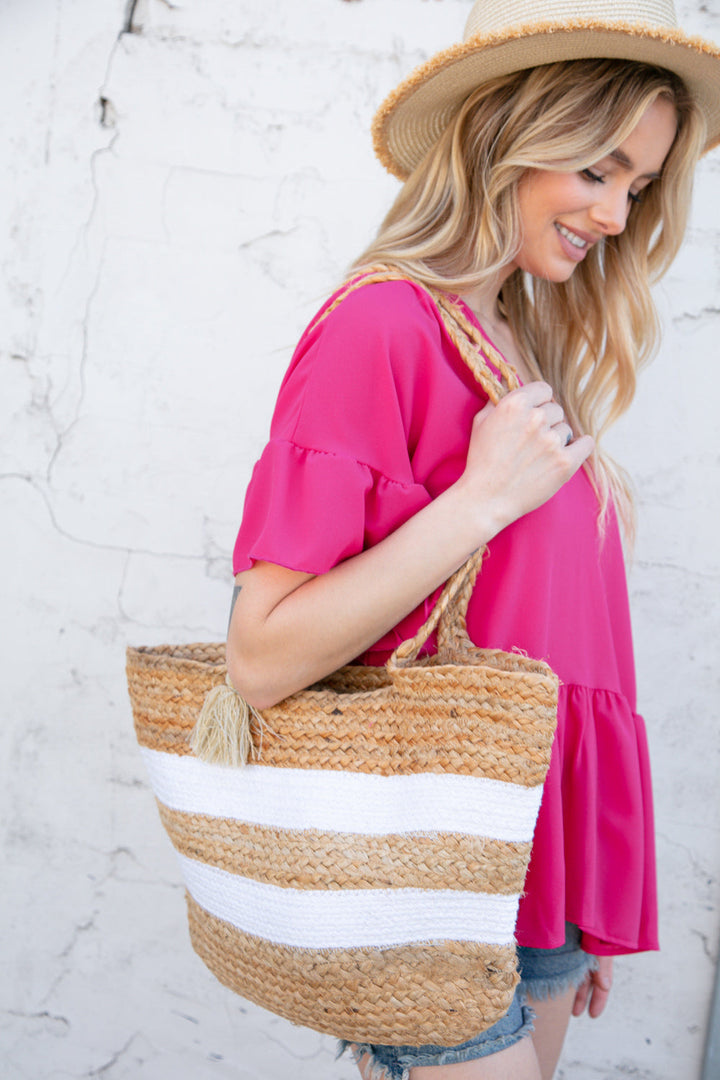 Beige and Cream Boho Weaved Tote Bag