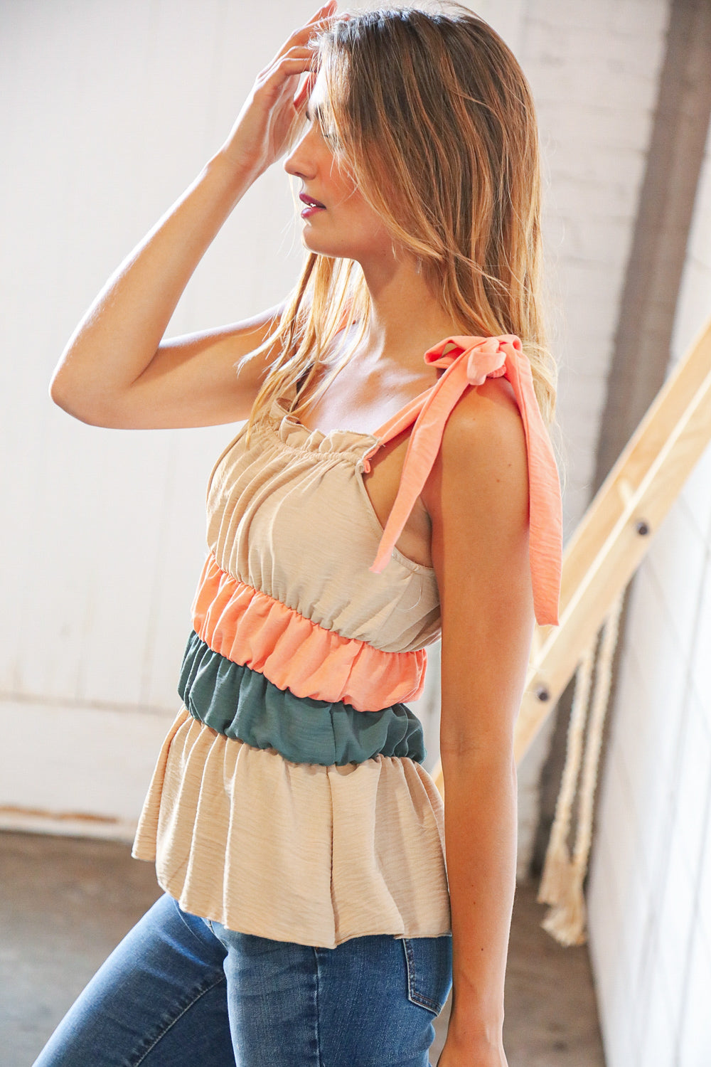 Peach Tie Knot Shoulder Detail Color Block Top