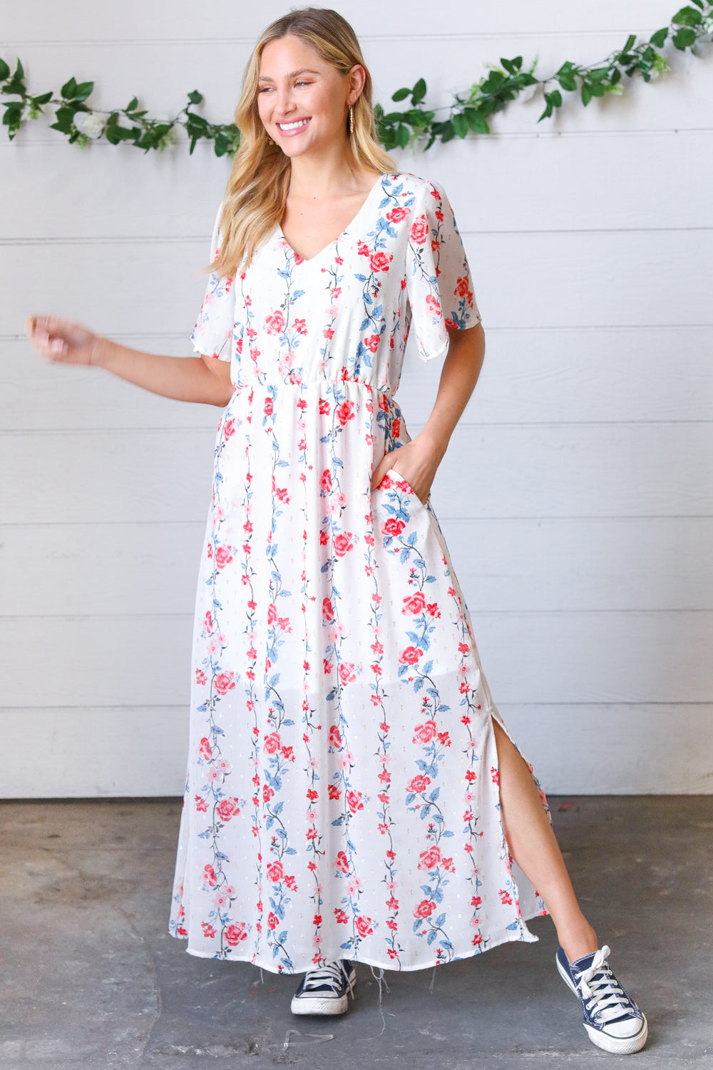 Red/Blue Floral Swiss Dot Chiffon Foil Maxi Dress