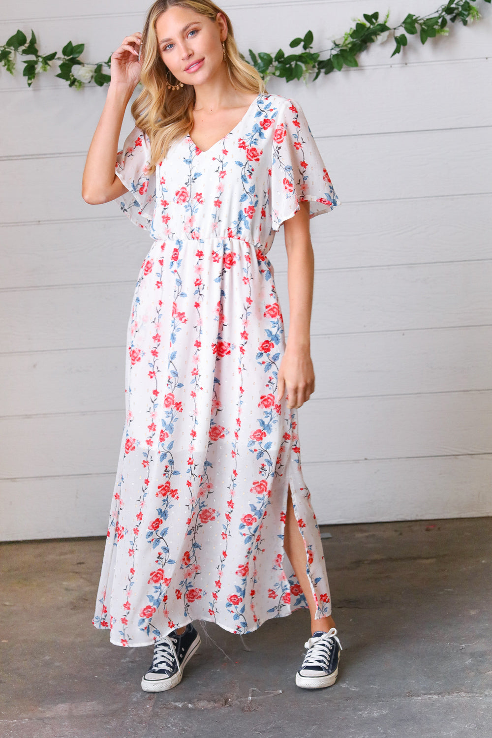 Red/Blue Floral Swiss Dot Chiffon Foil Maxi Dress