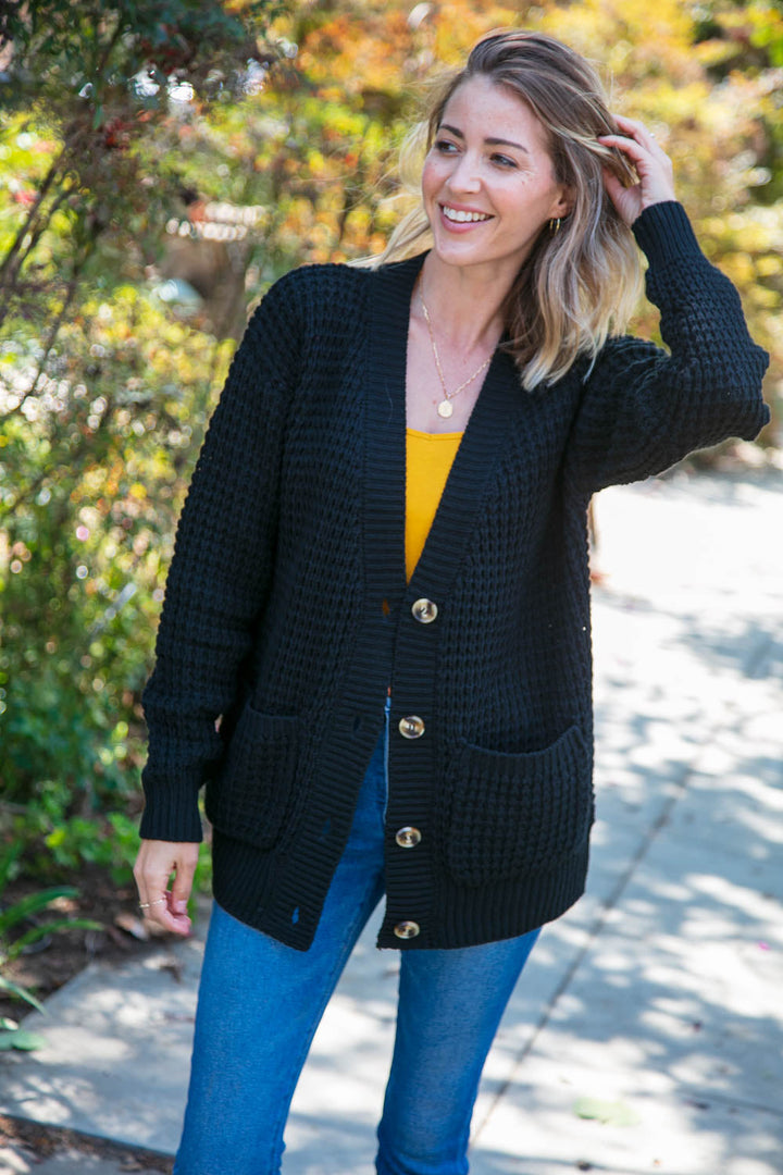 Black Button Down Boyfriend Cardigan with Pockets