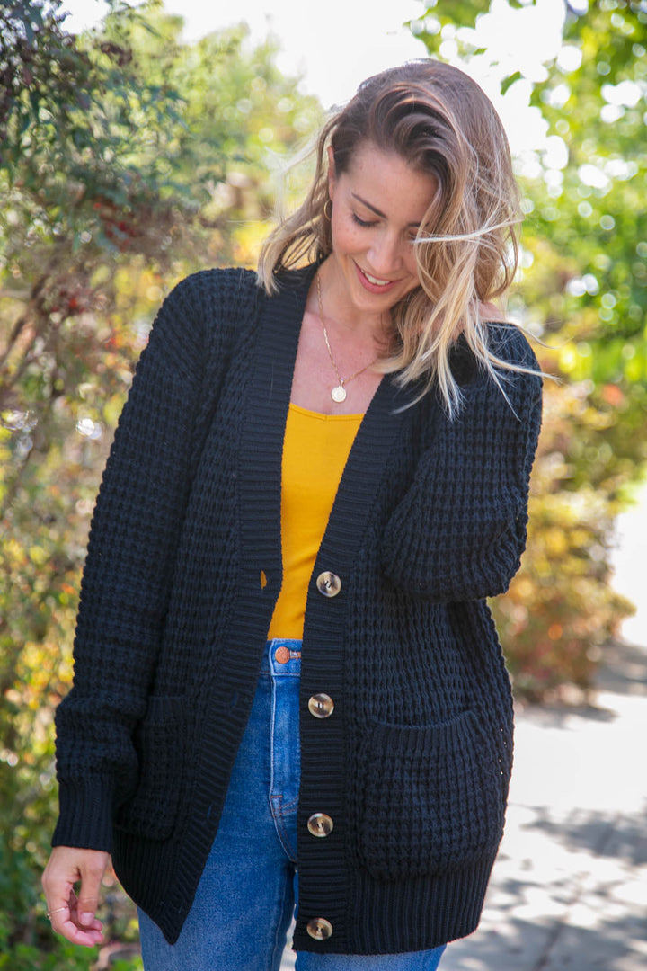 Black Button Down Boyfriend Cardigan with Pockets