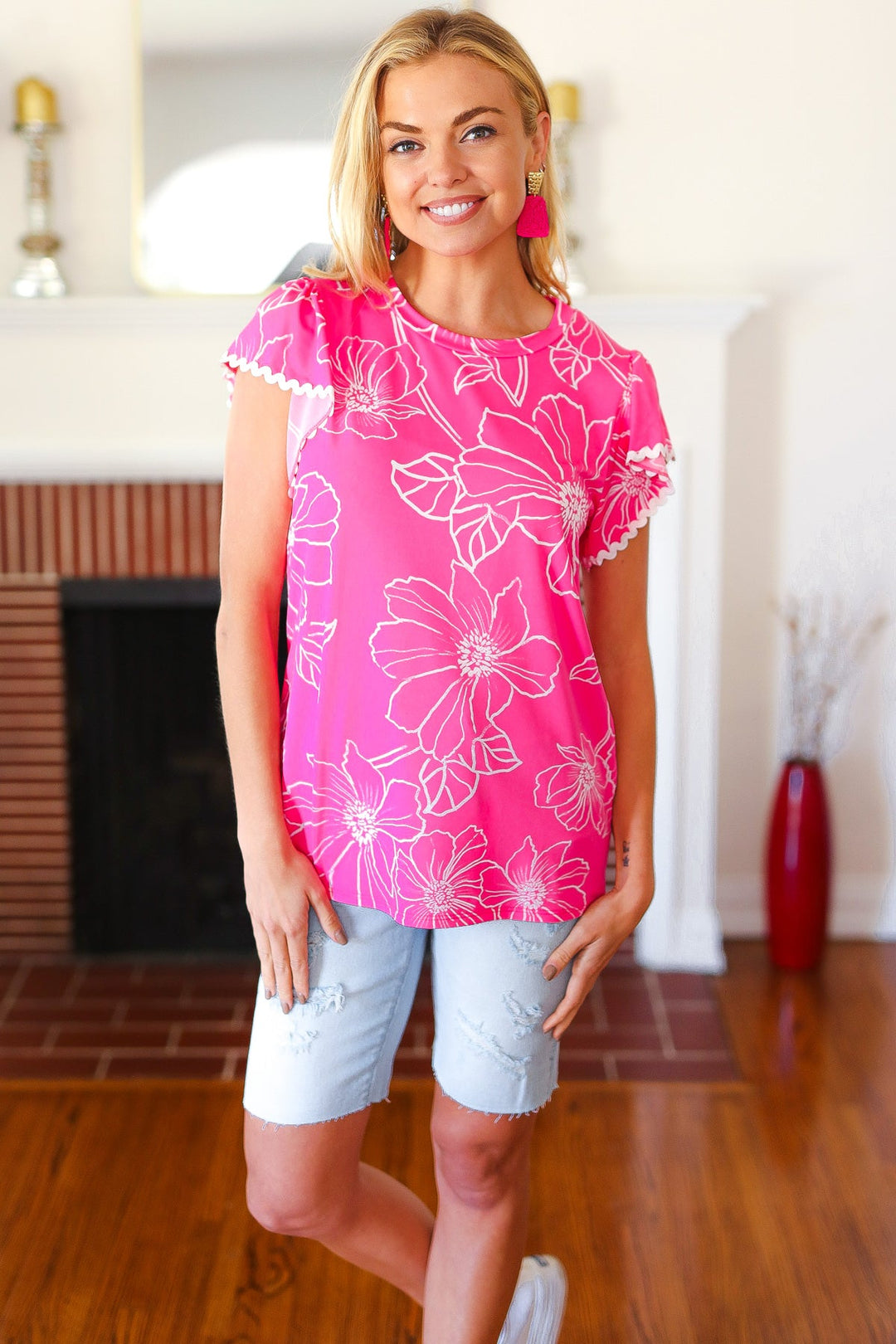 Follow Me Fuchsia Floral Ric Rac Trim Flutter Sleeve Top