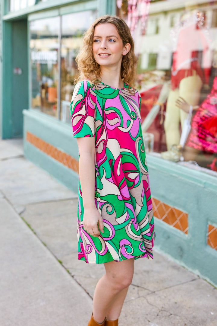 Feeling Bold Fuchsia & Green Abstract Floral Print Dress