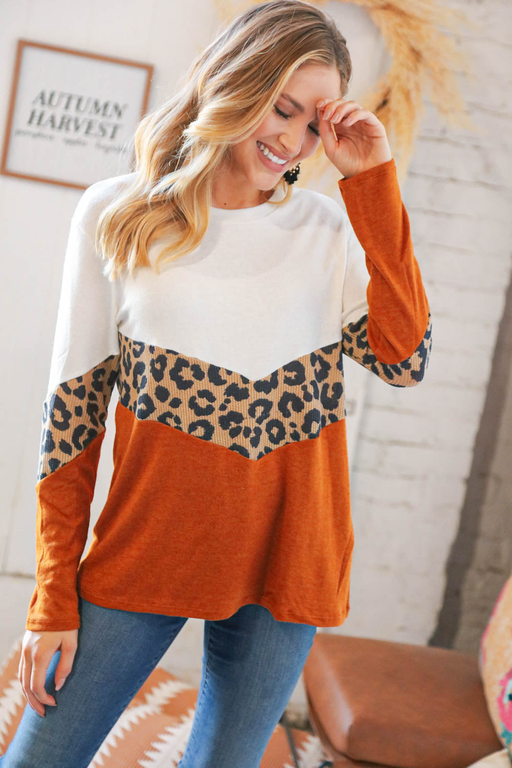 Rust Leopard Waffle Chevron Brushed Hacci Knit Top